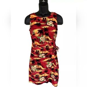 Vintage Kilani Red Yellow Orange Sunset Hawaiian Faux Wrap Dress